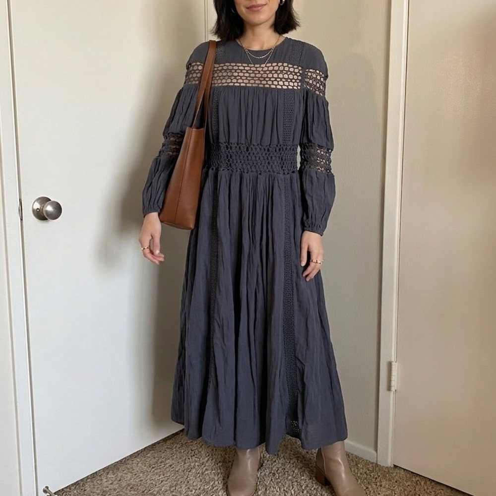 ASOS EDITION Charcoal Gray Crochet Trim Drop Waist Maxi Dress 4 Cotton Boho